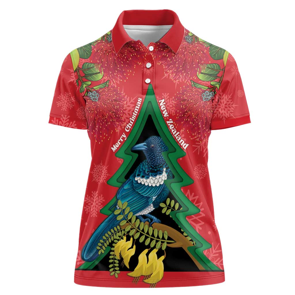 New Zealand Christmas In July Women Polo Shirt Kowhai Tui Bird With Pohutukawa - Red