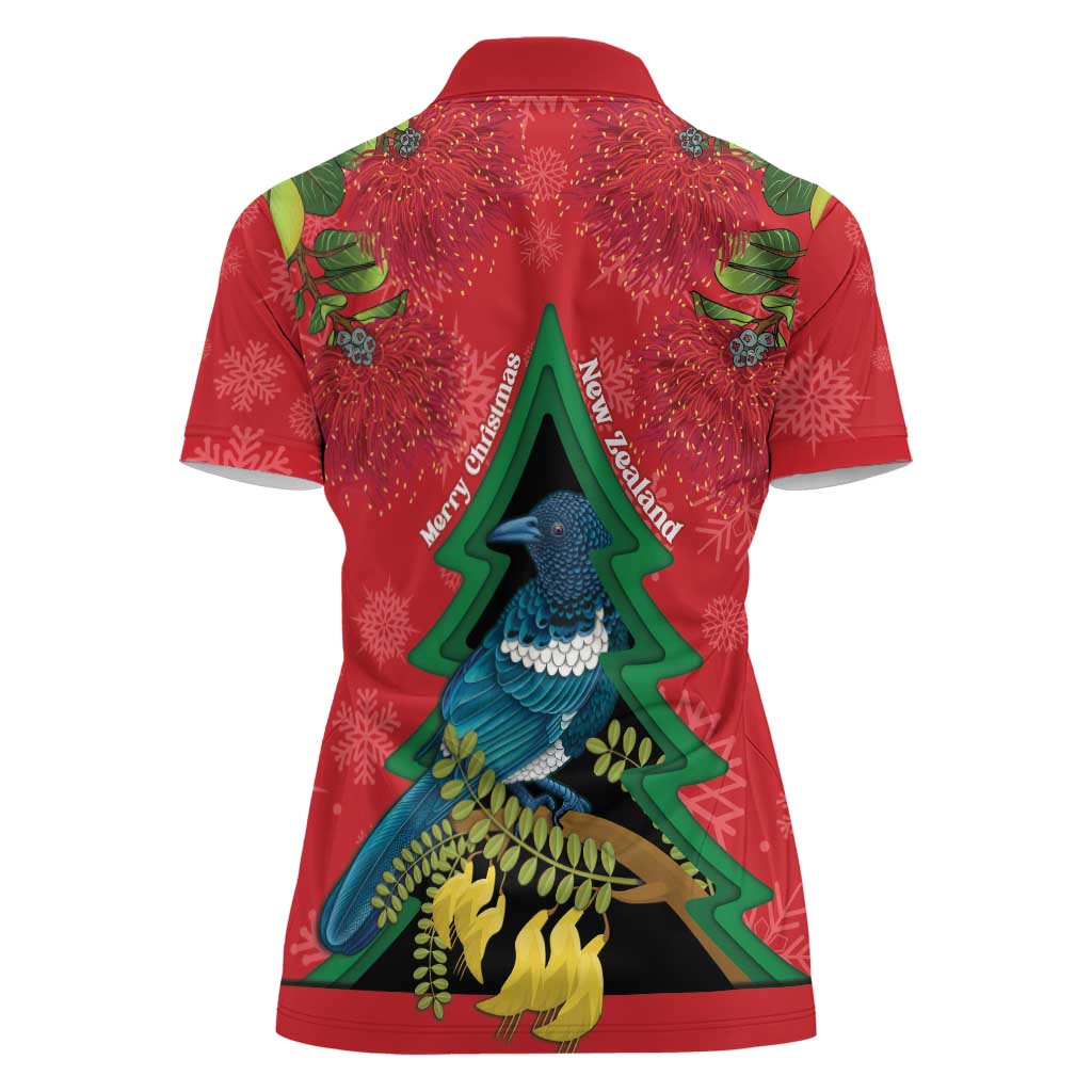New Zealand Christmas In July Women Polo Shirt Kowhai Tui Bird With Pohutukawa - Red