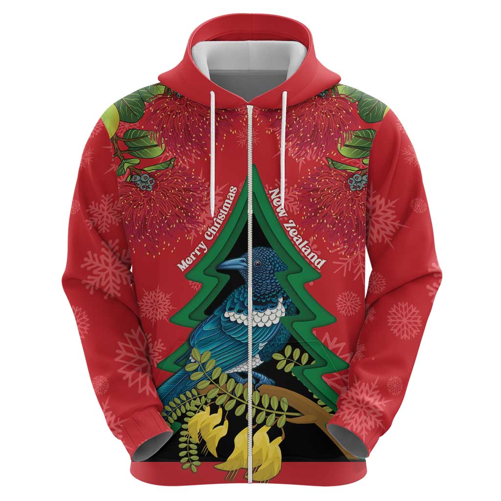 New Zealand Christmas In July Zip Hoodie Kowhai Tui Bird With Pohutukawa - Red