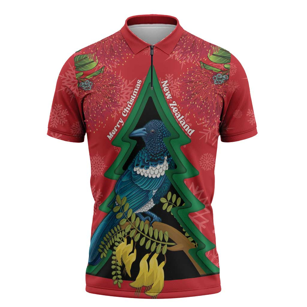 New Zealand Christmas In July Zipper Polo Shirt Kowhai Tui Bird With Pohutukawa - Red - Polynesian Pride