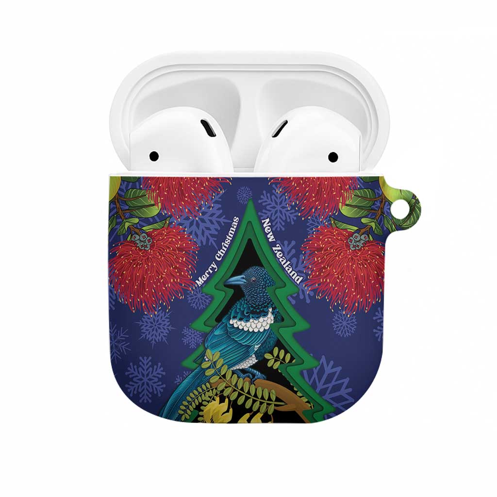New Zealand Christmas In July AirPods Case Kowhai Tui Bird With Pohutukawa - Blue - Polynesian Pride