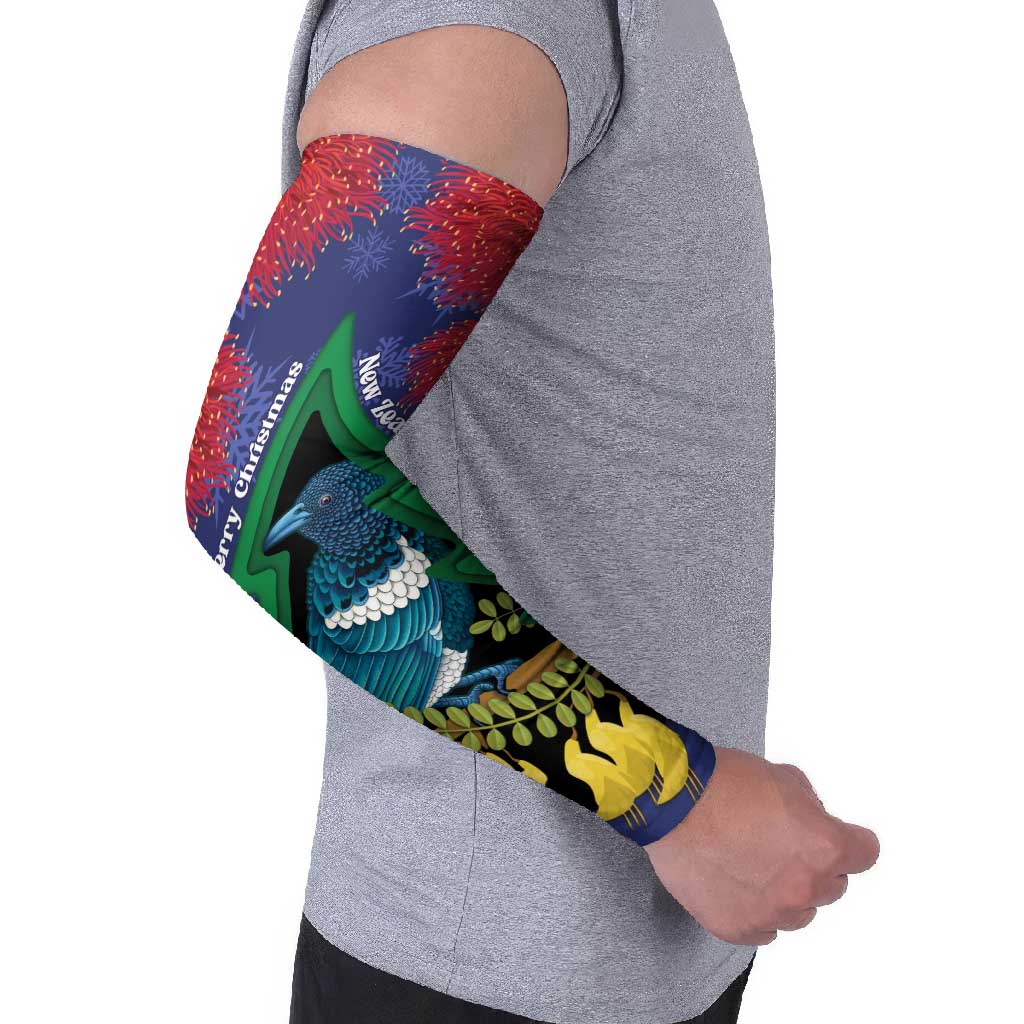 New Zealand Christmas In July Arm Sleeves Kowhai Tui Bird With Pohutukawa - Blue - Polynesian Pride