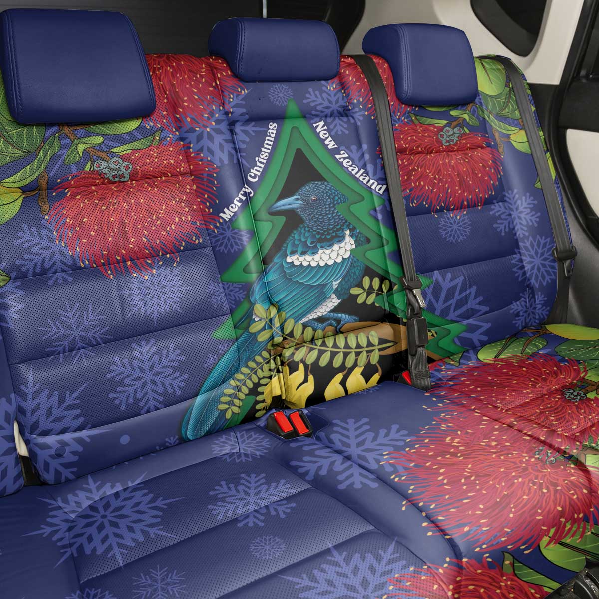 New Zealand Christmas In July Back Car Seat Cover Kowhai Tui Bird With Pohutukawa - Blue