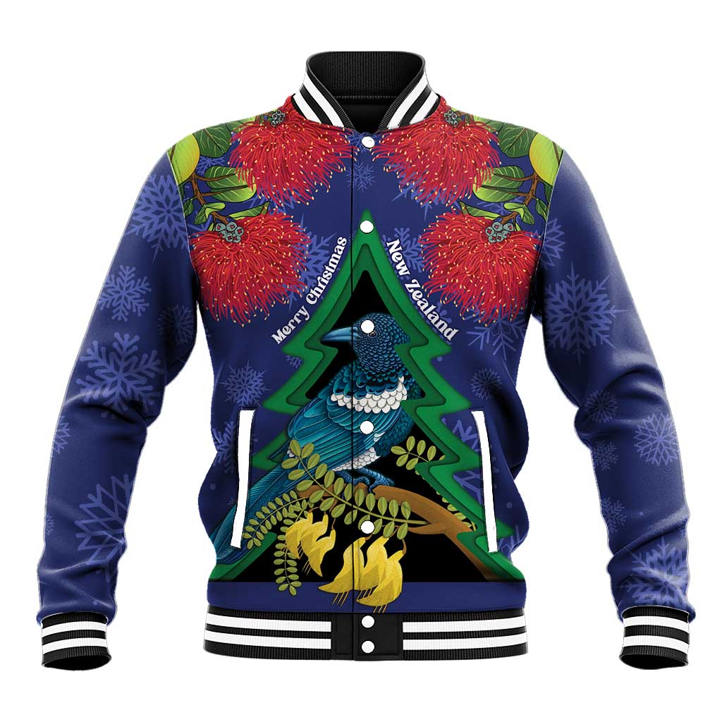 New Zealand Christmas In July Baseball Jacket Kowhai Tui Bird With Pohutukawa - Blue