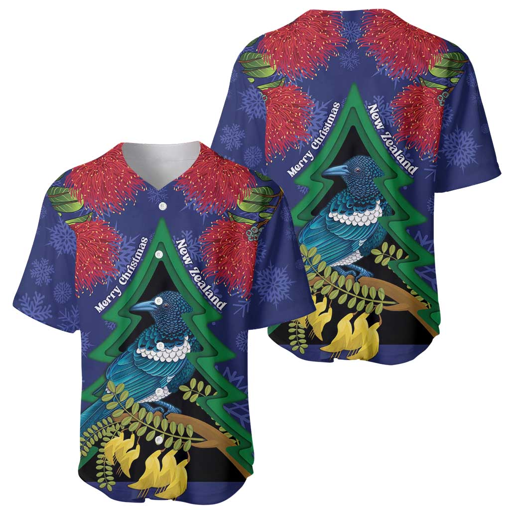 New Zealand Christmas In July Baseball Jersey Kowhai Tui Bird With Pohutukawa - Blue