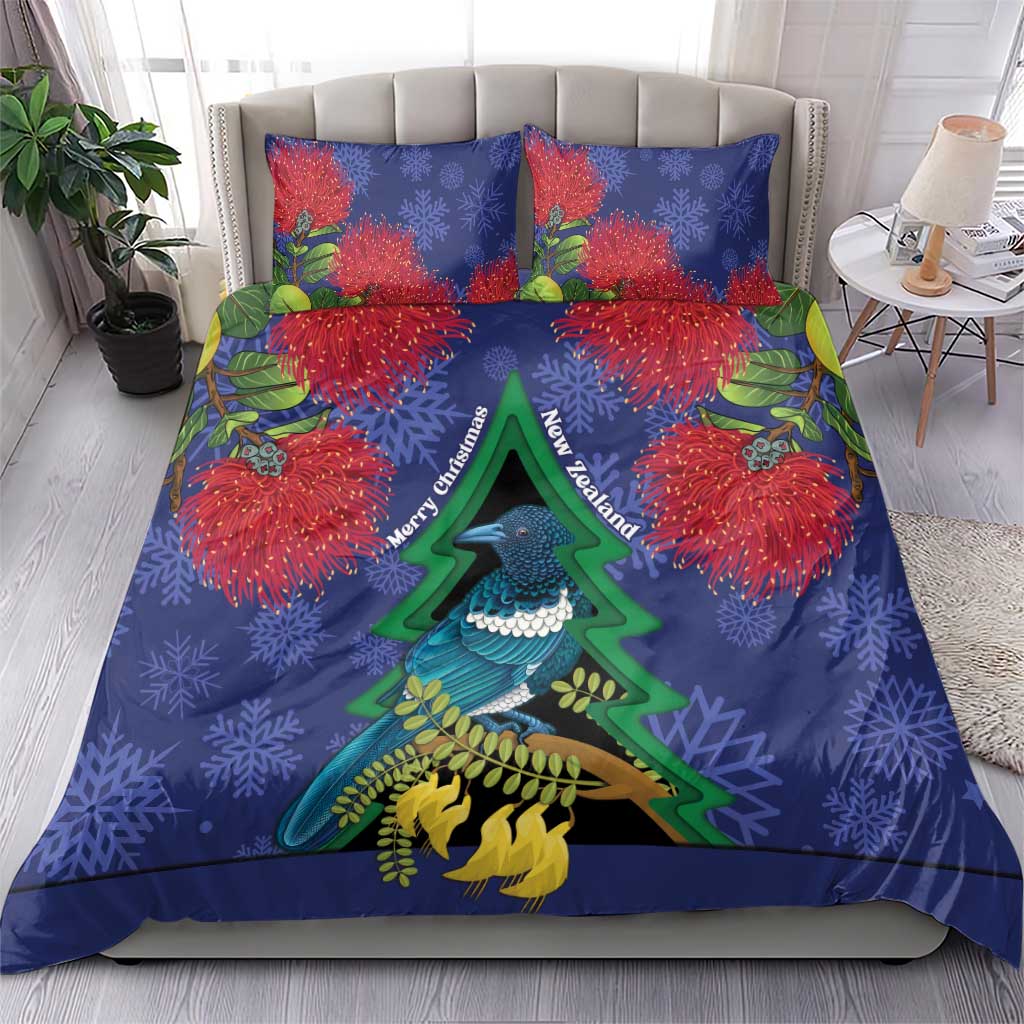 New Zealand Christmas In July Bedding Set Kowhai Tui Bird With Pohutukawa - Blue