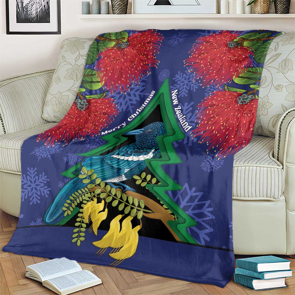 New Zealand Christmas In July Blanket Kowhai Tui Bird With Pohutukawa - Blue