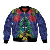 New Zealand Christmas In July Bomber Jacket Kowhai Tui Bird With Pohutukawa - Blue
