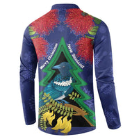 New Zealand Christmas In July Button Sweatshirt Kowhai Tui Bird With Pohutukawa - Blue