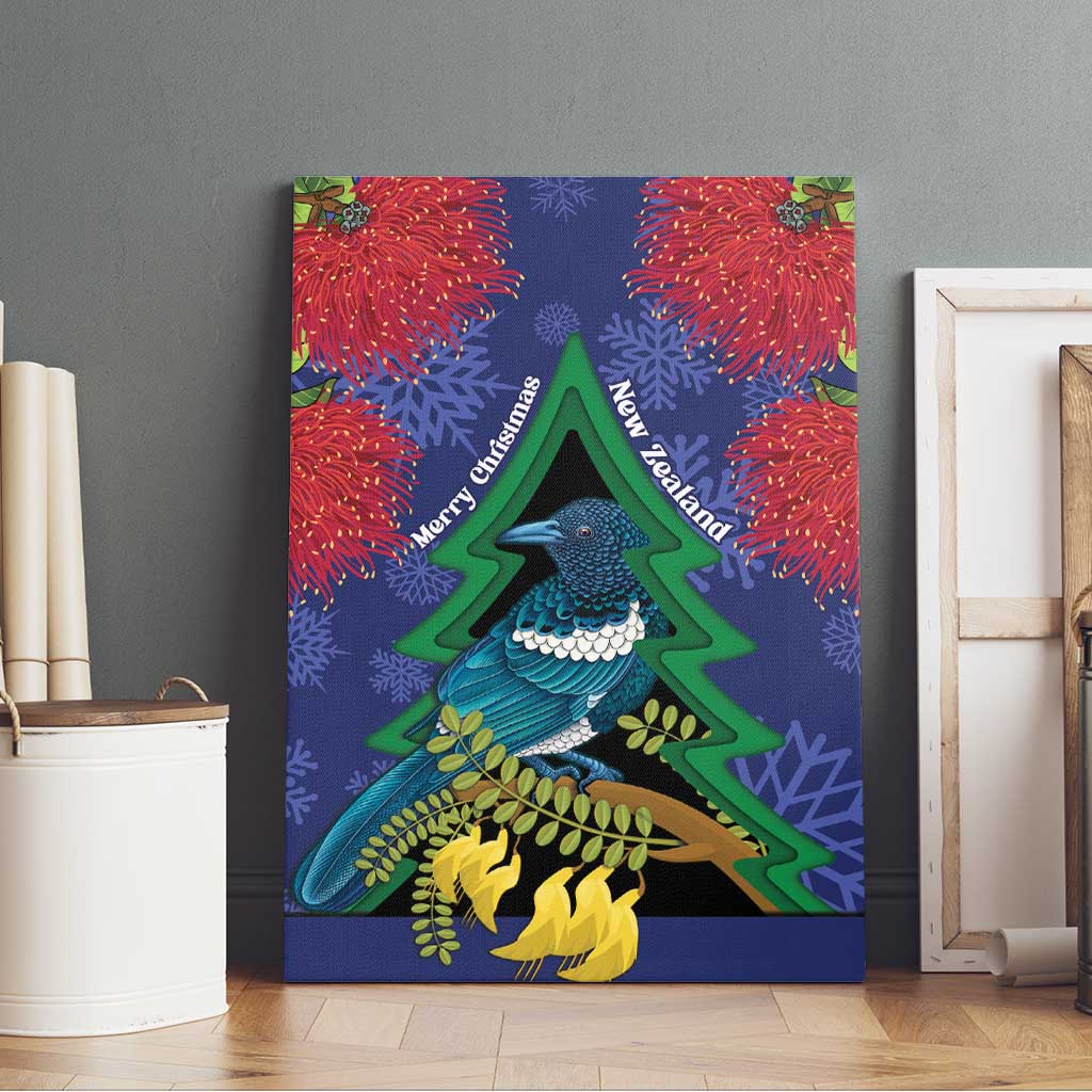 New Zealand Christmas In July Canvas Wall Art Kowhai Tui Bird With Pohutukawa - Blue