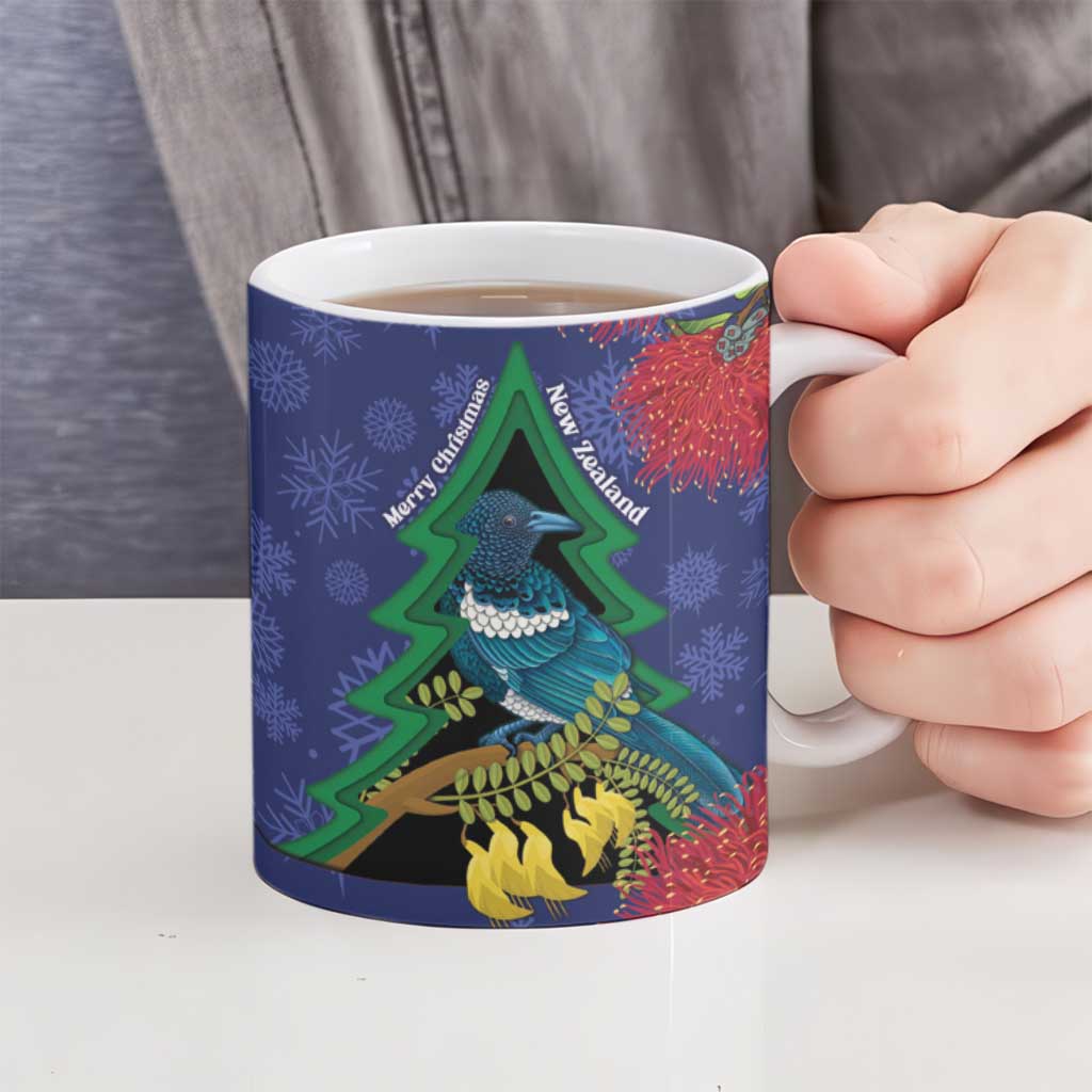 New Zealand Christmas In July Ceramic Mug Kowhai Tui Bird With Pohutukawa - Blue - Polynesian Pride