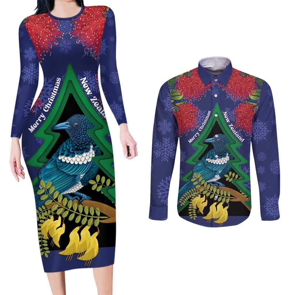 New Zealand Christmas In July Couples Matching Long Sleeve Bodycon Dress and Long Sleeve Button Shirt Kowhai Tui Bird With Pohutukawa - Blue