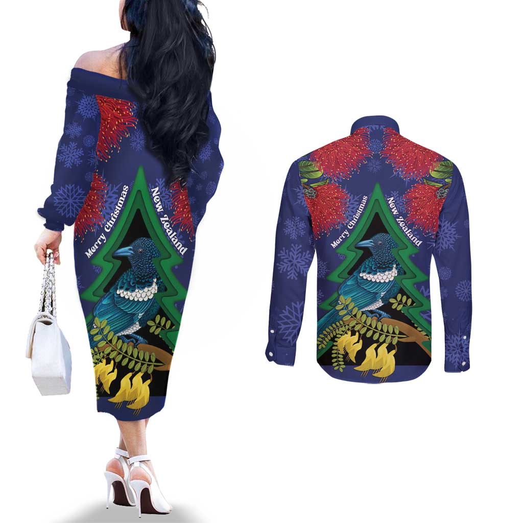 New Zealand Christmas In July Couples Matching Off The Shoulder Long Sleeve Dress and Long Sleeve Button Shirt Kowhai Tui Bird With Pohutukawa - Blue