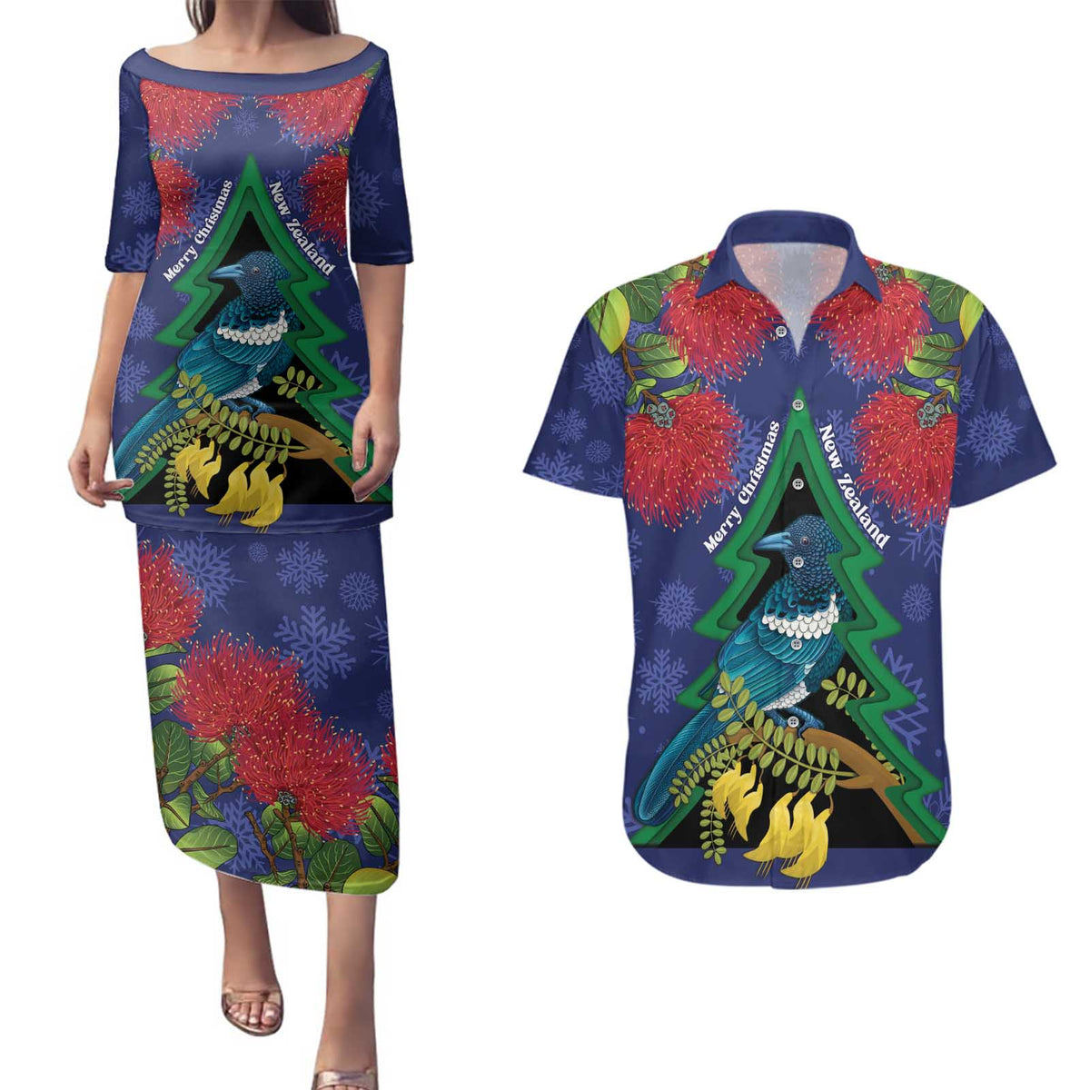 New Zealand Christmas In July Couples Matching Puletasi and Hawaiian Shirt Kowhai Tui Bird With Pohutukawa - Blue