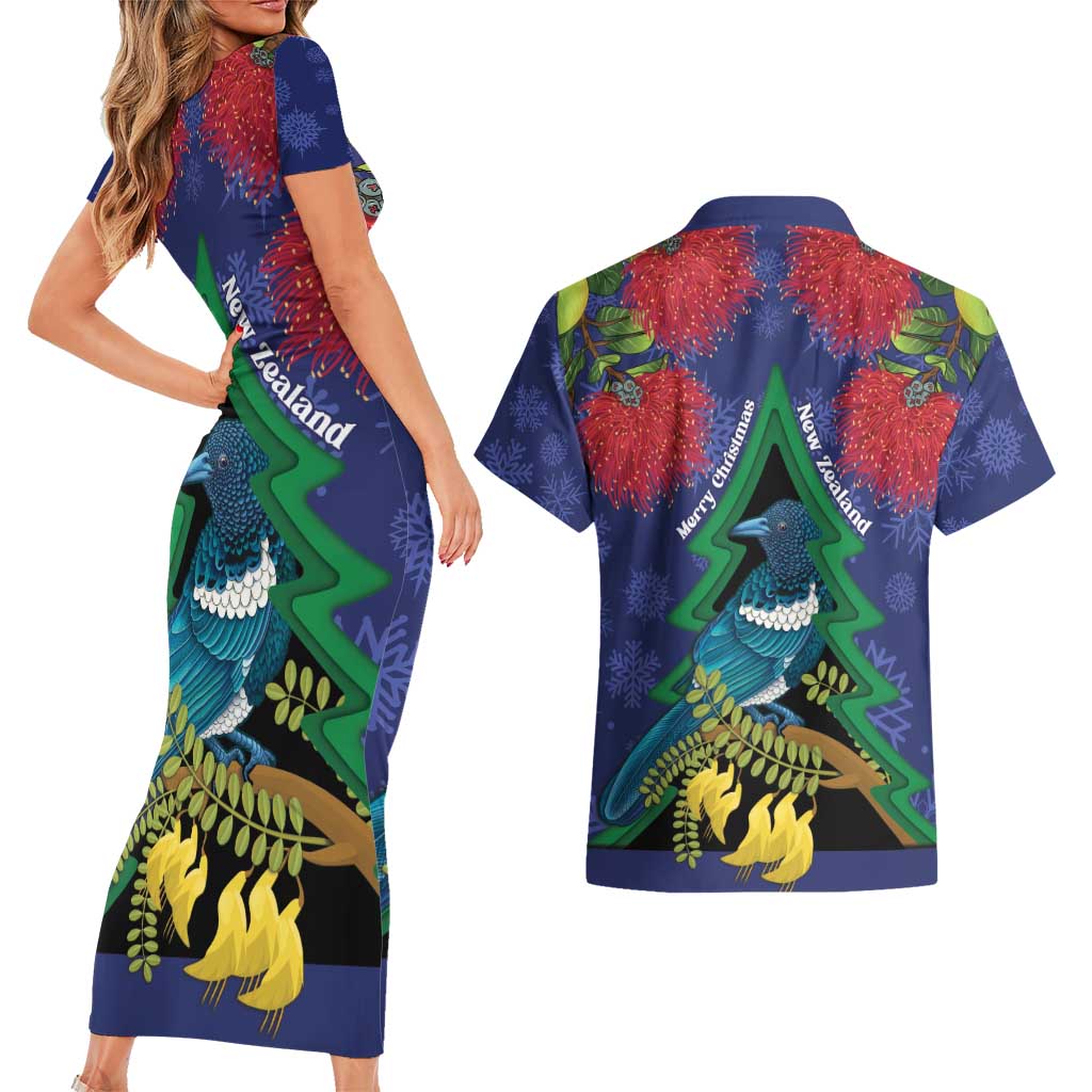 New Zealand Christmas In July Couples Matching Short Sleeve Bodycon Dress and Hawaiian Shirt Kowhai Tui Bird With Pohutukawa - Blue