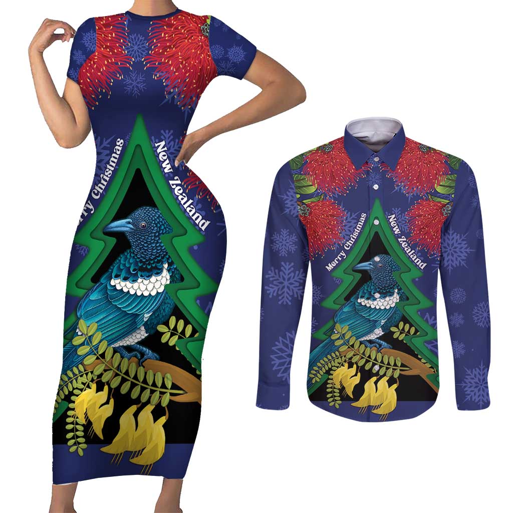 New Zealand Christmas In July Couples Matching Short Sleeve Bodycon Dress and Long Sleeve Button Shirt Kowhai Tui Bird With Pohutukawa - Blue
