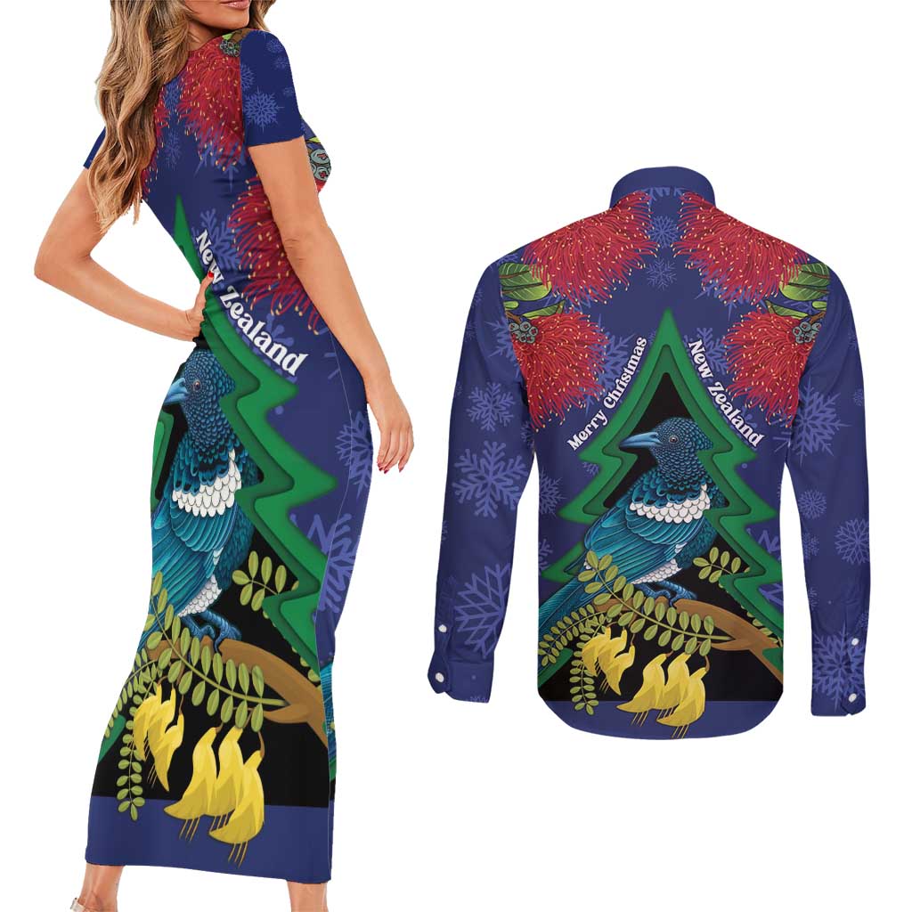 New Zealand Christmas In July Couples Matching Short Sleeve Bodycon Dress and Long Sleeve Button Shirt Kowhai Tui Bird With Pohutukawa - Blue