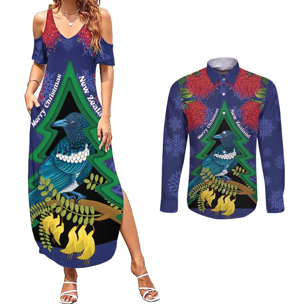 New Zealand Christmas In July Couples Matching Summer Maxi Dress and Long Sleeve Button Shirt Kowhai Tui Bird With Pohutukawa - Blue