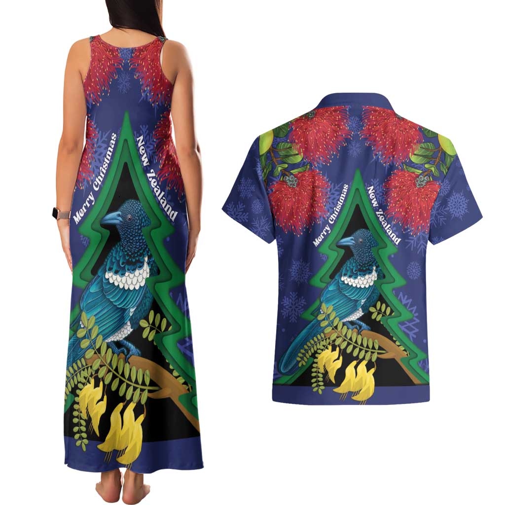 New Zealand Christmas In July Couples Matching Tank Maxi Dress and Hawaiian Shirt Kowhai Tui Bird With Pohutukawa - Blue