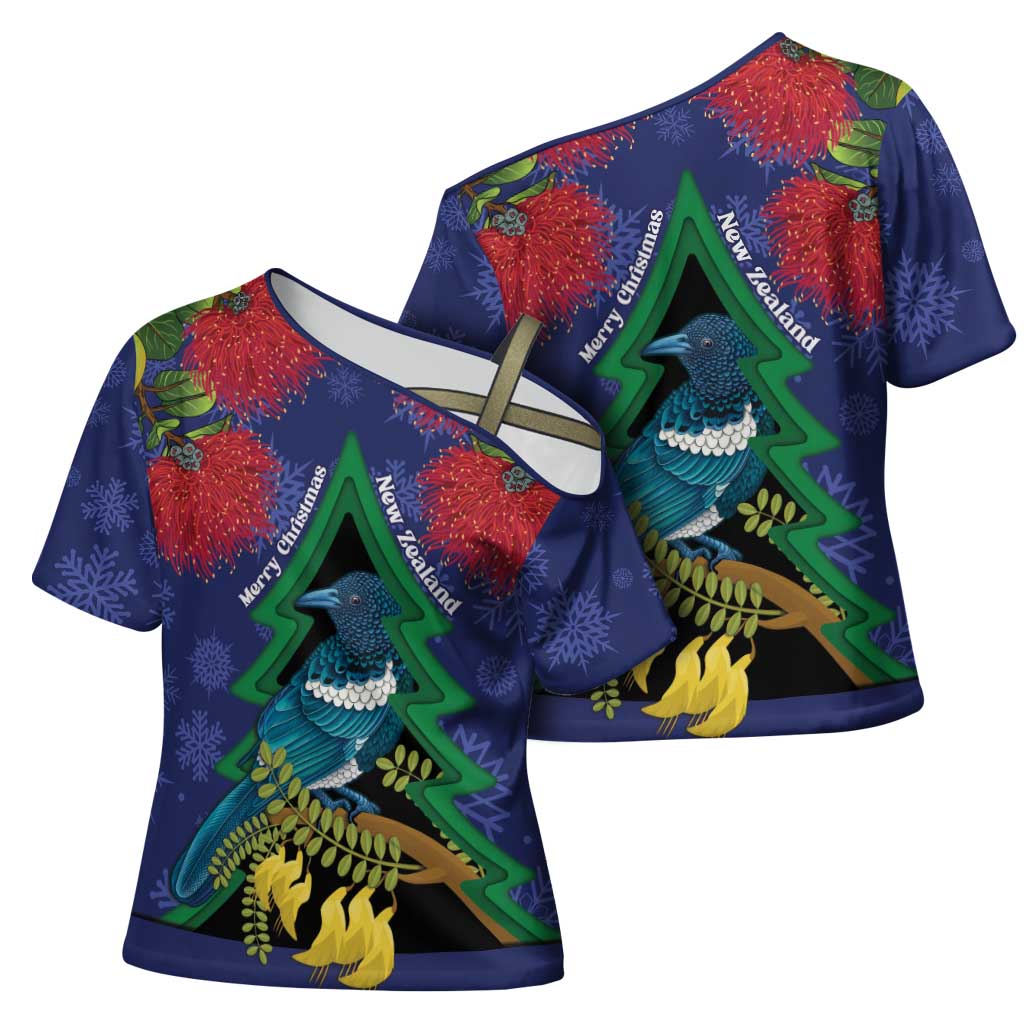 New Zealand Christmas In July Cross Shoulder Shirt Kowhai Tui Bird With Pohutukawa - Blue - Polynesian Pride