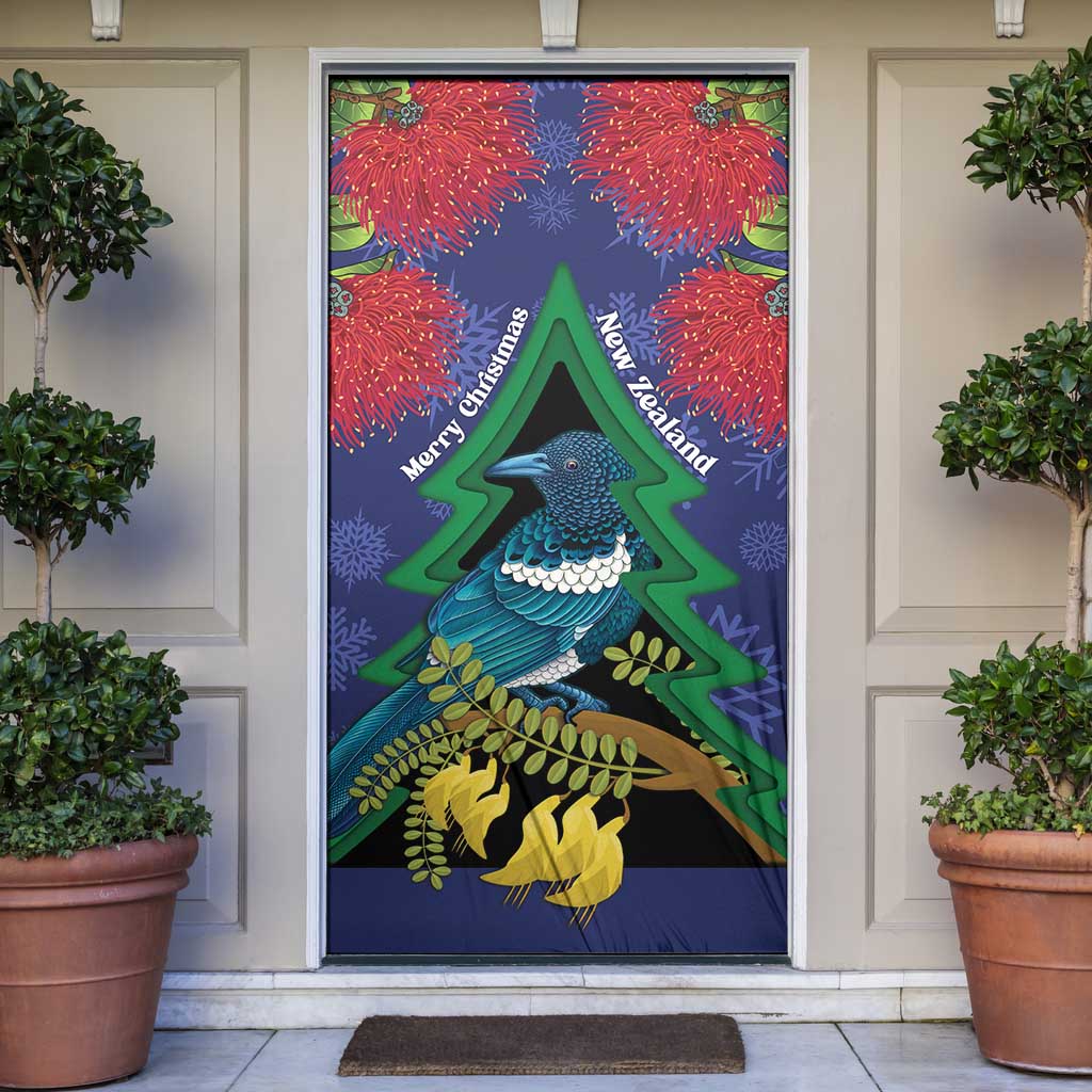 New Zealand Christmas In July Door Cover Kowhai Tui Bird With Pohutukawa - Blue - Polynesian Pride