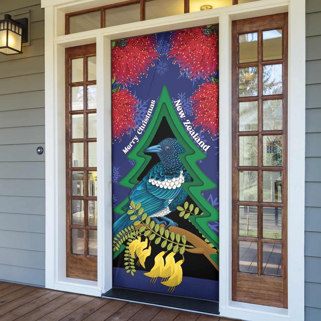 New Zealand Christmas In July Door Cover Kowhai Tui Bird With Pohutukawa - Blue - Polynesian Pride