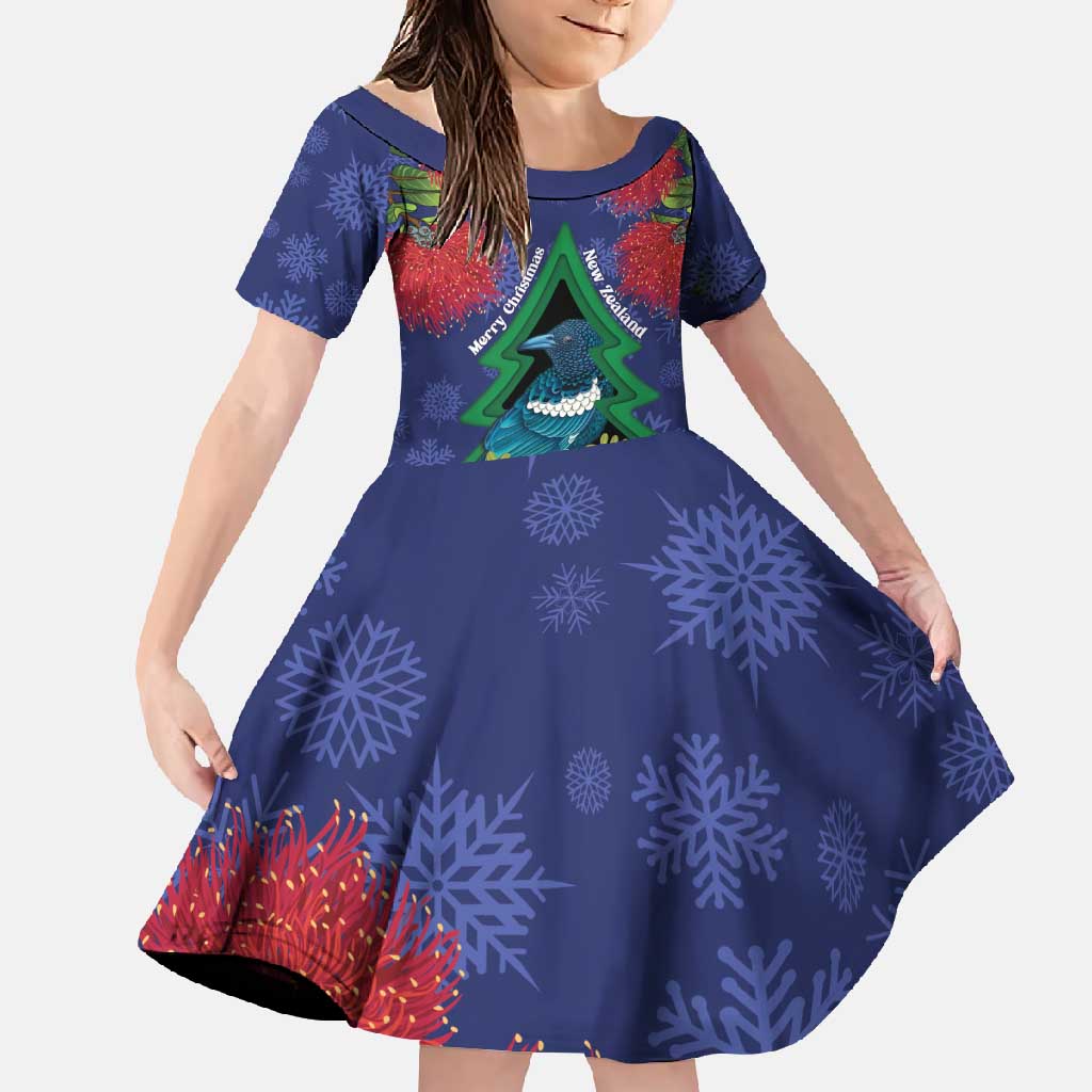 New Zealand Christmas In July Family Matching Long Sleeve Bodycon Dress and Hawaiian Shirt Kowhai Tui Bird With Pohutukawa - Blue