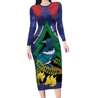 New Zealand Christmas In July Family Matching Long Sleeve Bodycon Dress and Hawaiian Shirt Kowhai Tui Bird With Pohutukawa - Blue