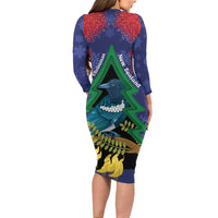 New Zealand Christmas In July Family Matching Long Sleeve Bodycon Dress and Hawaiian Shirt Kowhai Tui Bird With Pohutukawa - Blue