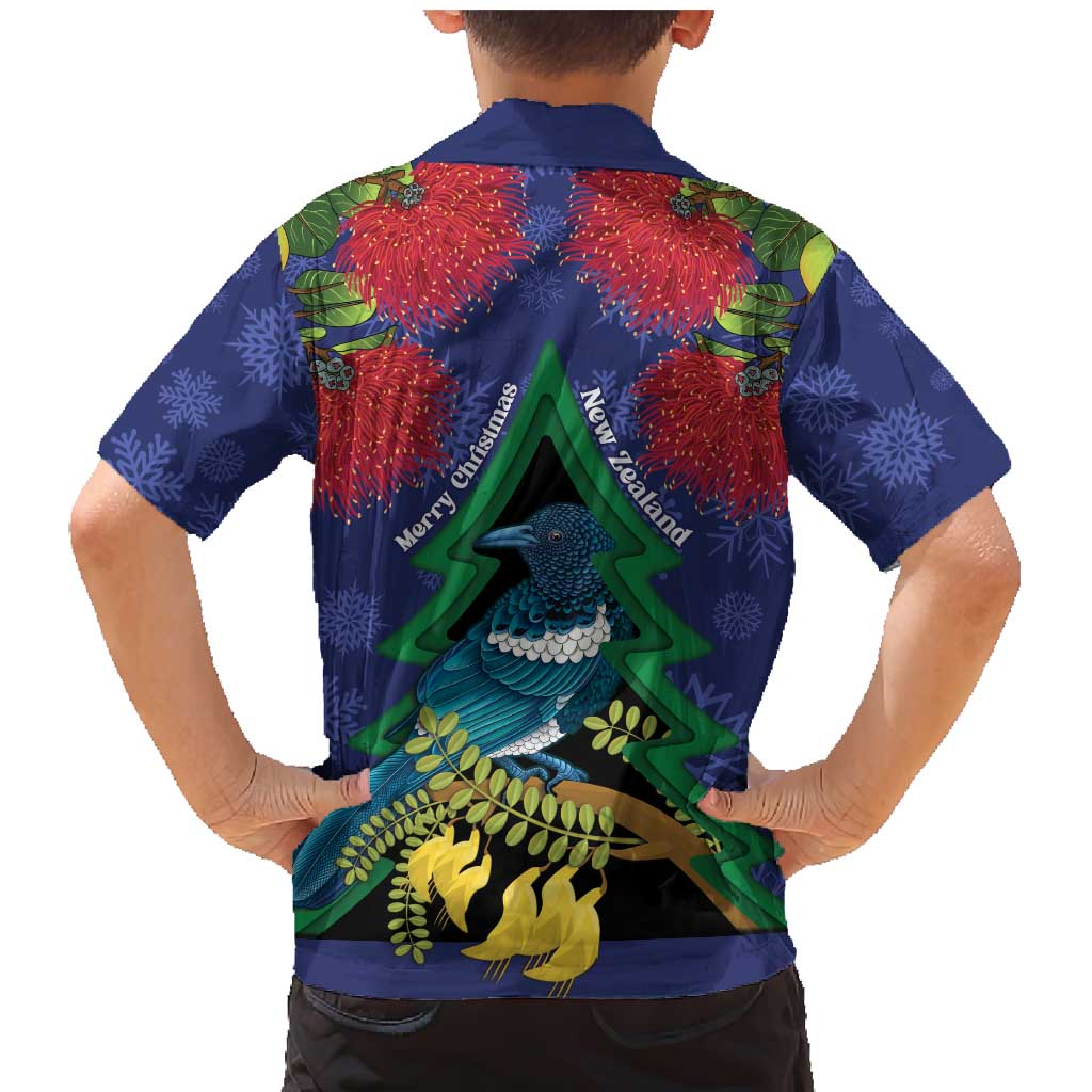 New Zealand Christmas In July Family Matching Mermaid Dress and Hawaiian Shirt Kowhai Tui Bird With Pohutukawa - Blue