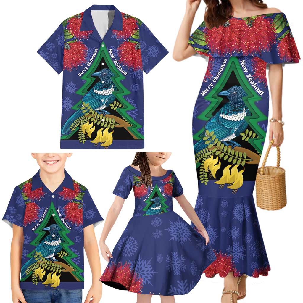 New Zealand Christmas In July Family Matching Mermaid Dress and Hawaiian Shirt Kowhai Tui Bird With Pohutukawa - Blue