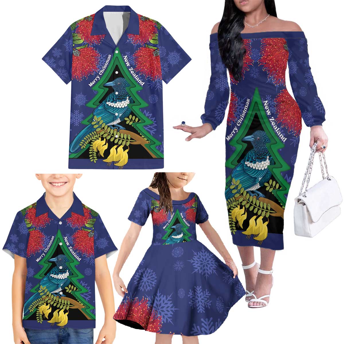 New Zealand Christmas In July Family Matching Off The Shoulder Long Sleeve Dress and Hawaiian Shirt Kowhai Tui Bird With Pohutukawa - Blue