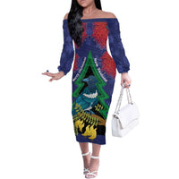 New Zealand Christmas In July Family Matching Off The Shoulder Long Sleeve Dress and Hawaiian Shirt Kowhai Tui Bird With Pohutukawa - Blue