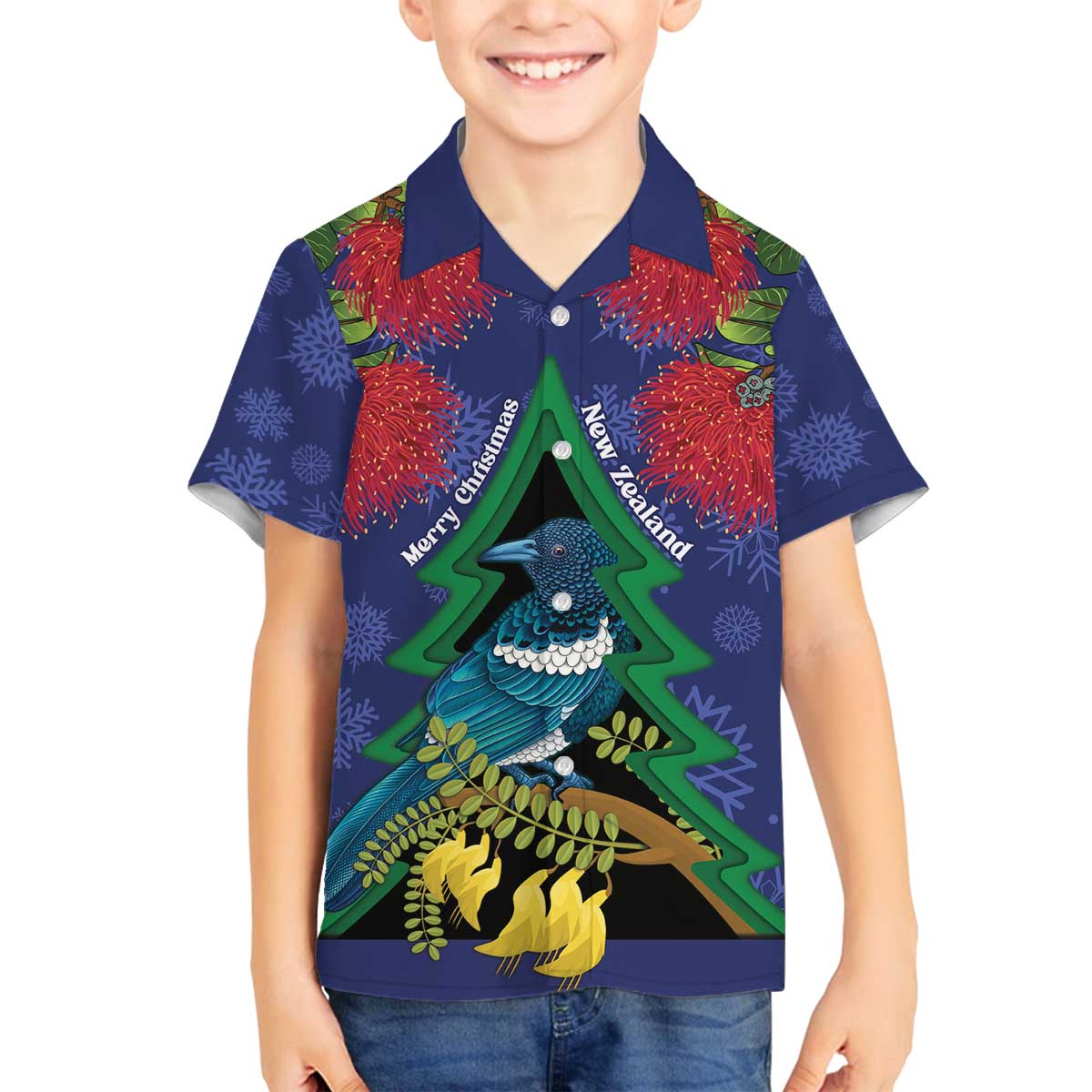 New Zealand Christmas In July Family Matching Off The Shoulder Long Sleeve Dress and Hawaiian Shirt Kowhai Tui Bird With Pohutukawa - Blue