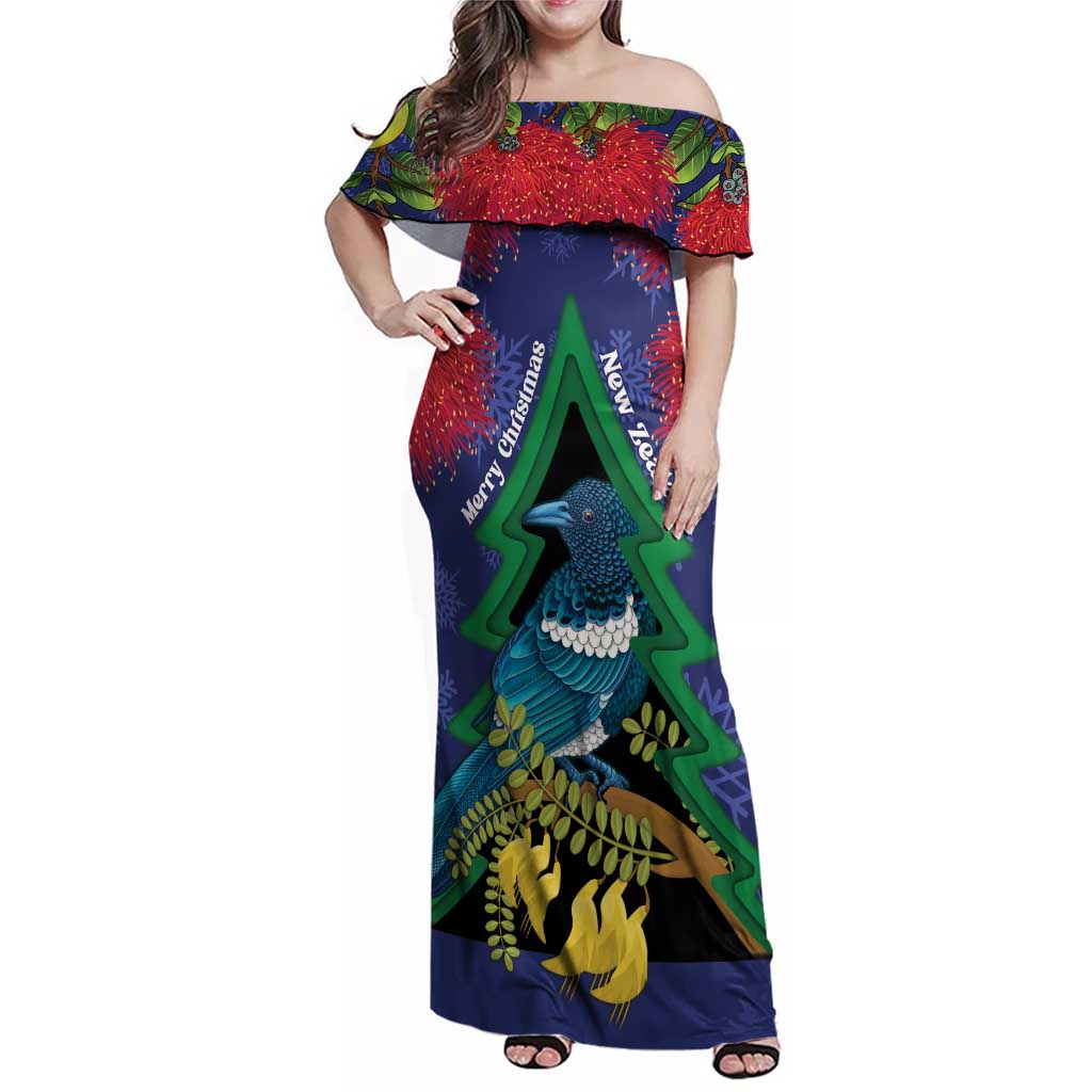 New Zealand Christmas In July Family Matching Off Shoulder Maxi Dress and Hawaiian Shirt Kowhai Tui Bird With Pohutukawa - Blue