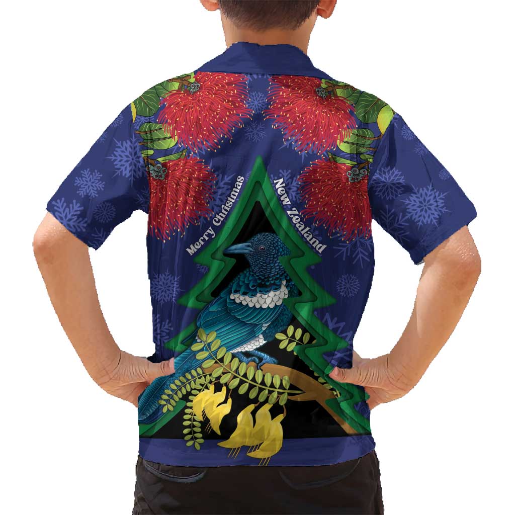 New Zealand Christmas In July Family Matching Off Shoulder Short Dress and Hawaiian Shirt Kowhai Tui Bird With Pohutukawa - Blue
