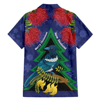 New Zealand Christmas In July Family Matching Off Shoulder Short Dress and Hawaiian Shirt Kowhai Tui Bird With Pohutukawa - Blue