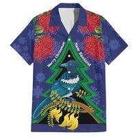 New Zealand Christmas In July Family Matching Short Sleeve Bodycon Dress and Hawaiian Shirt Kowhai Tui Bird With Pohutukawa - Blue