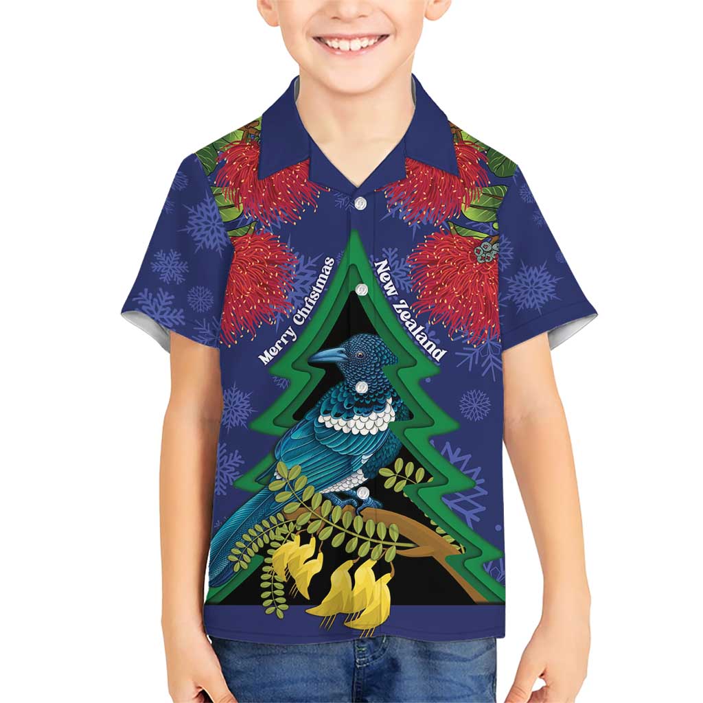 New Zealand Christmas In July Family Matching Short Sleeve Bodycon Dress and Hawaiian Shirt Kowhai Tui Bird With Pohutukawa - Blue