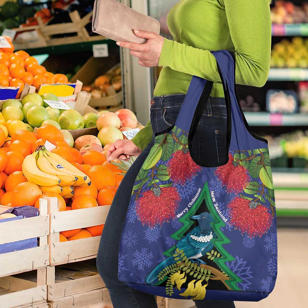 New Zealand Christmas In July Grocery Bag Kowhai Tui Bird With Pohutukawa - Blue