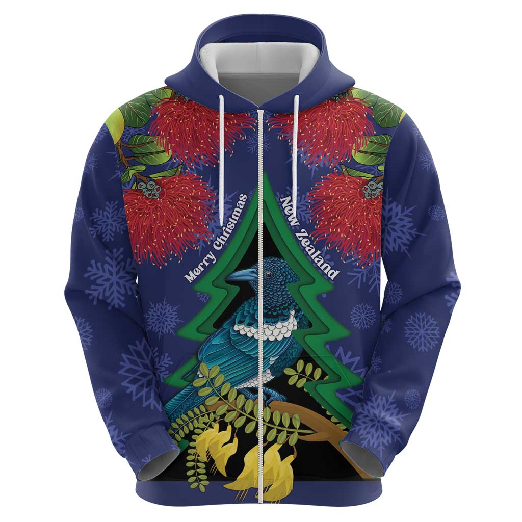 New Zealand Christmas In July Hoodie Kowhai Tui Bird With Pohutukawa - Blue