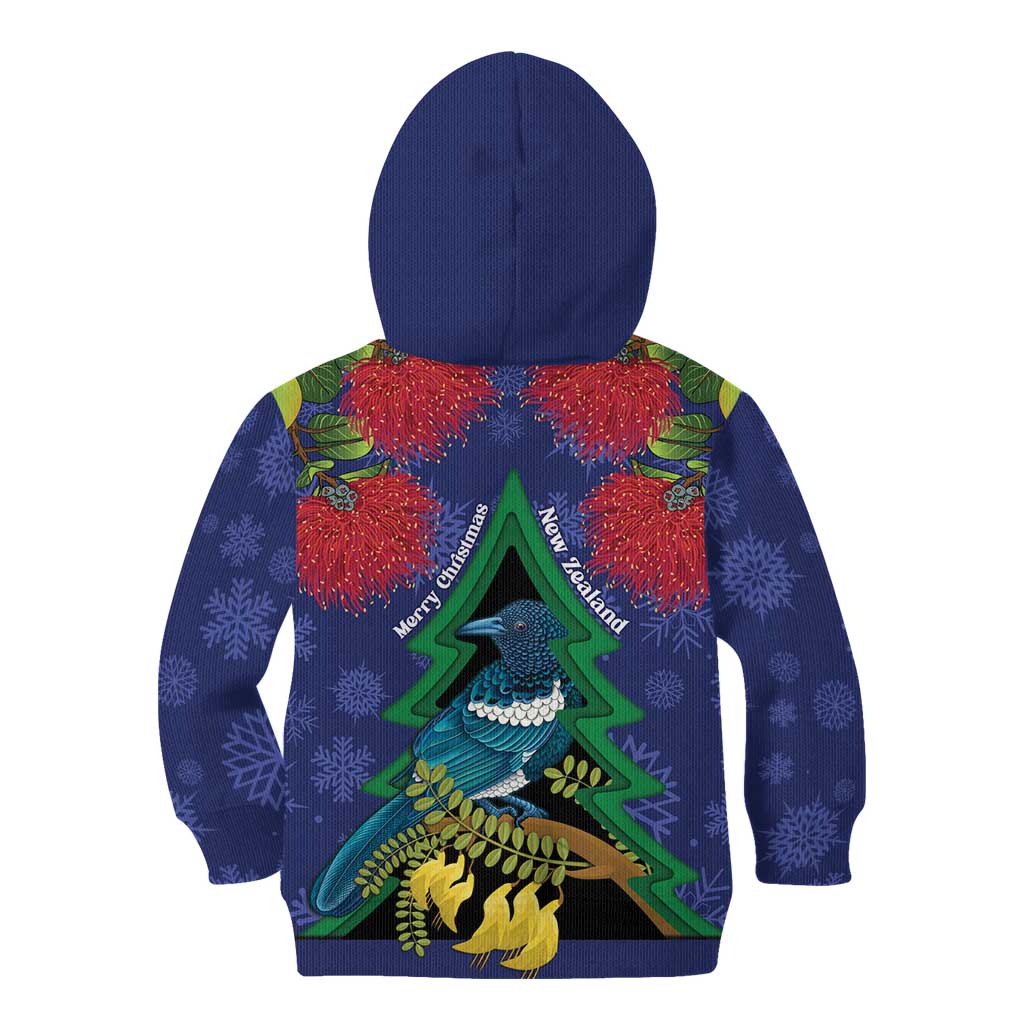 New Zealand Christmas In July Kid Hoodie Kowhai Tui Bird With Pohutukawa - Blue