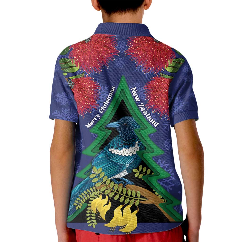 New Zealand Christmas In July Kid Polo Shirt Kowhai Tui Bird With Pohutukawa - Blue