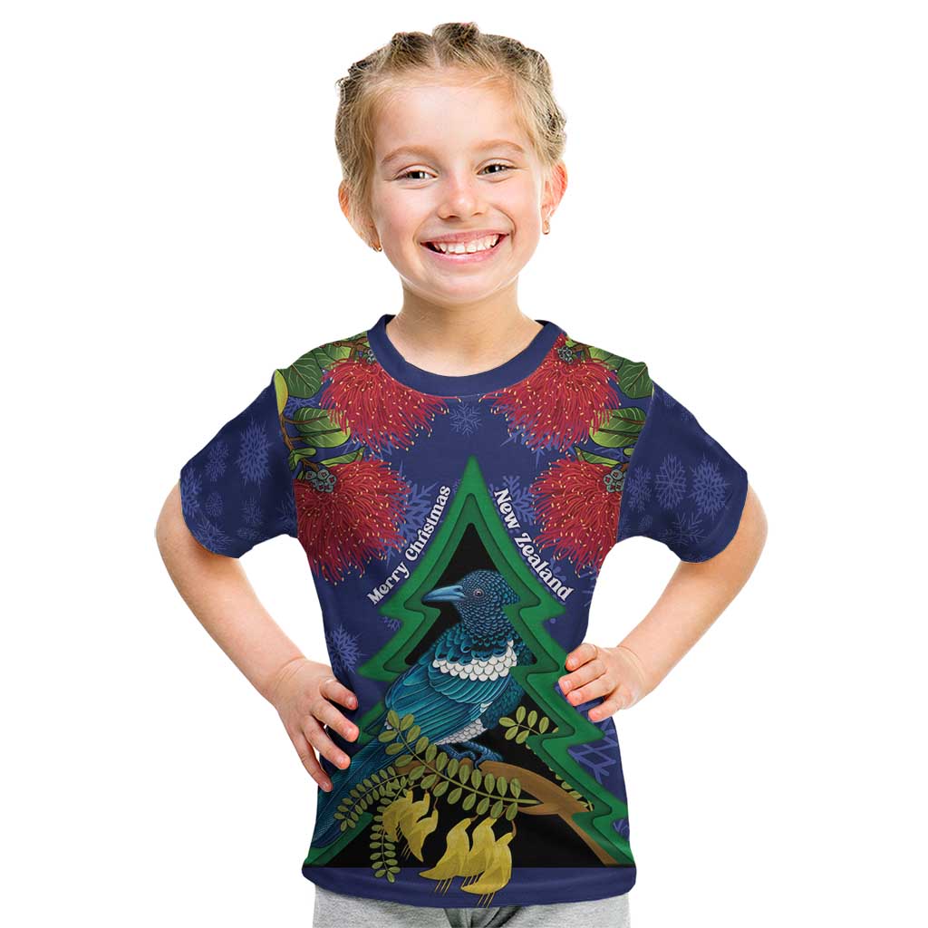 New Zealand Christmas In July Kid T Shirt Kowhai Tui Bird With Pohutukawa - Blue