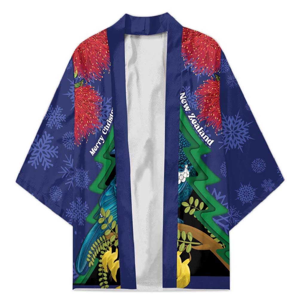 New Zealand Christmas In July Kimono Kowhai Tui Bird With Pohutukawa - Blue - Polynesian Pride