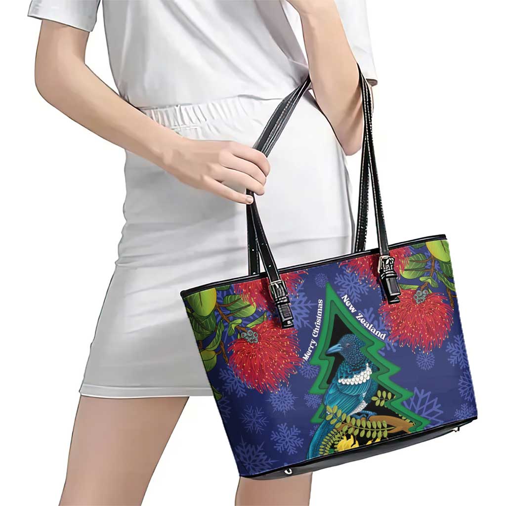 New Zealand Christmas In July Leather Tote Bag Kowhai Tui Bird With Pohutukawa - Blue
