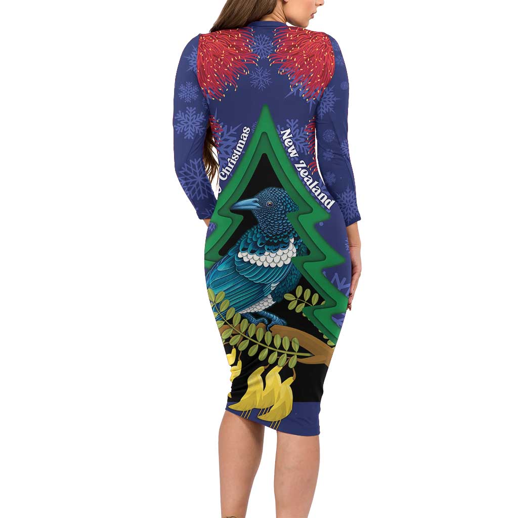 New Zealand Christmas In July Long Sleeve Bodycon Dress Kowhai Tui Bird With Pohutukawa - Blue
