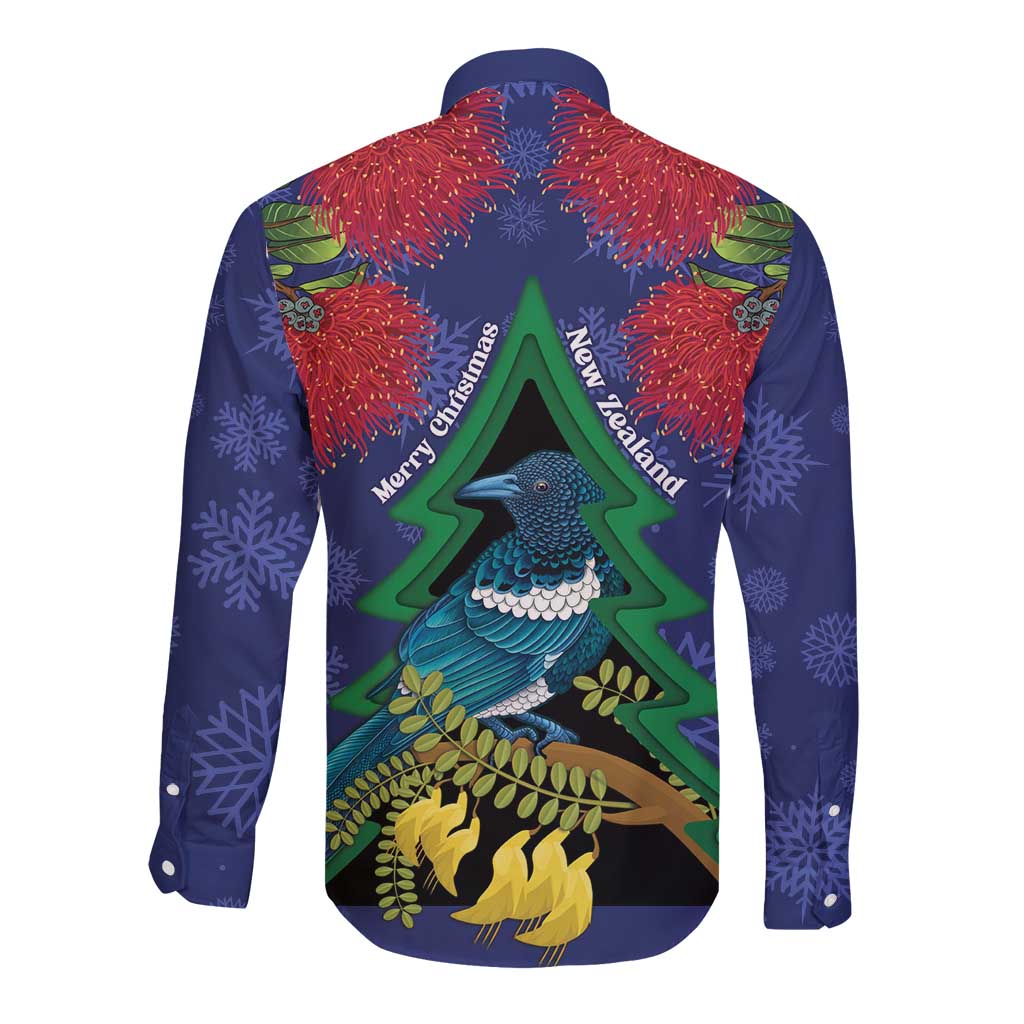 New Zealand Christmas In July Long Sleeve Button Shirt Kowhai Tui Bird With Pohutukawa - Blue