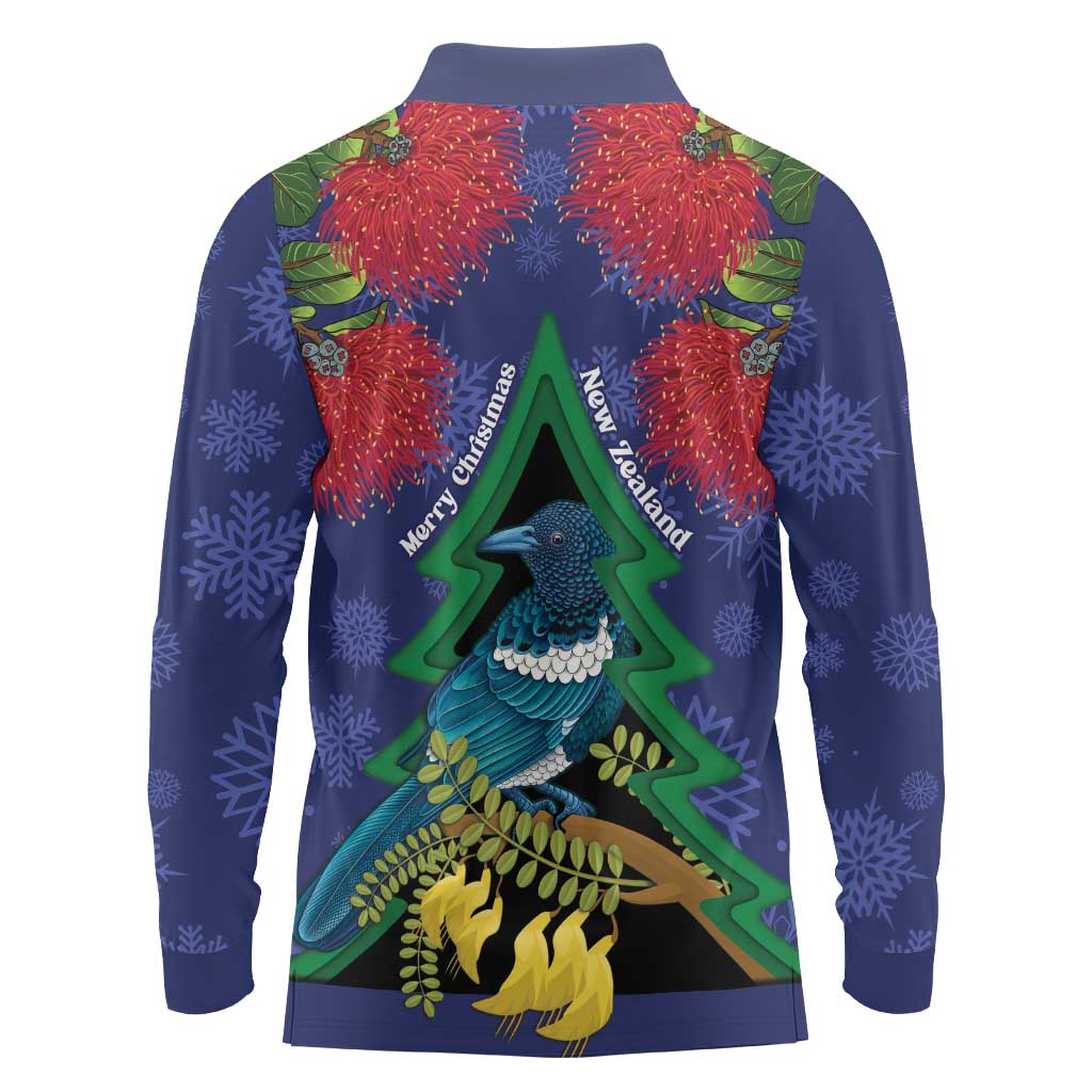 New Zealand Christmas In July Long Sleeve Polo Shirt Kowhai Tui Bird With Pohutukawa - Blue