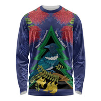New Zealand Christmas In July Long Sleeve Shirt Kowhai Tui Bird With Pohutukawa - Blue
